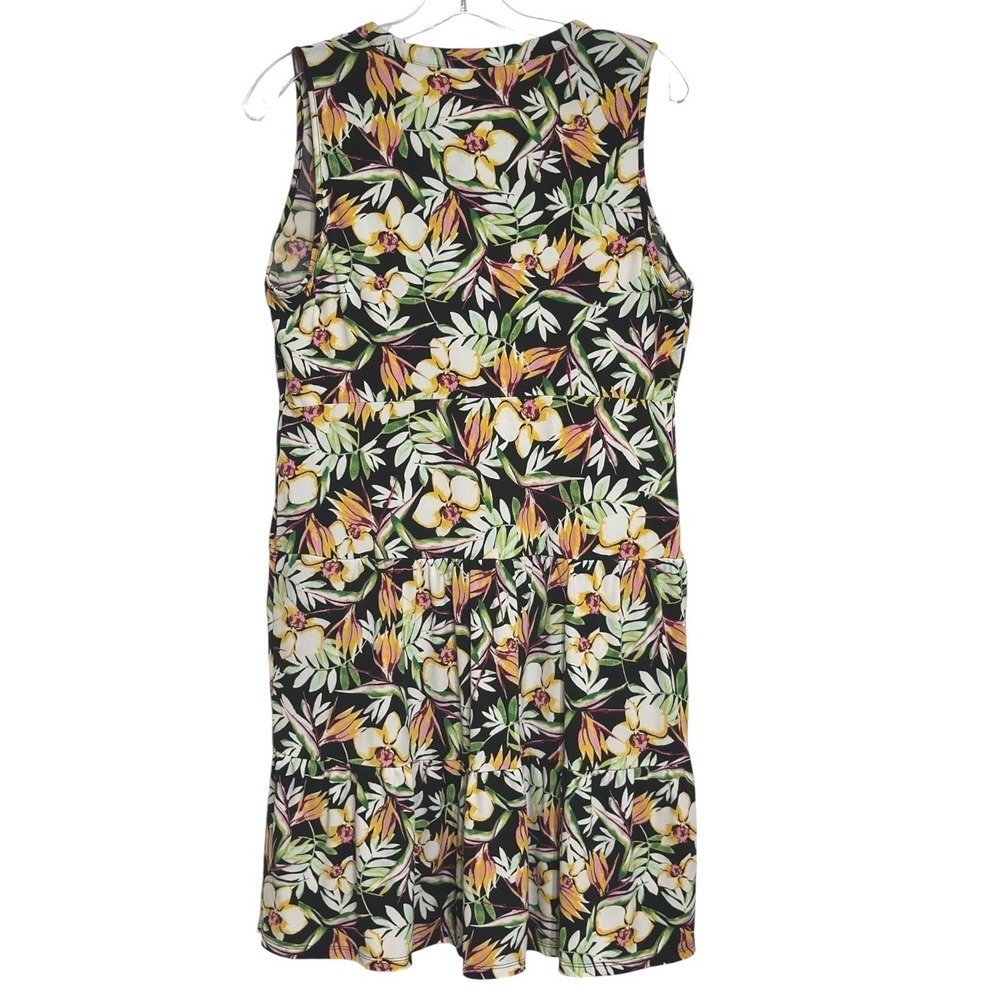 WHBM Floral Tiered Dress Womens Black Tropical Orchid Sleeveless Beach Travel  M